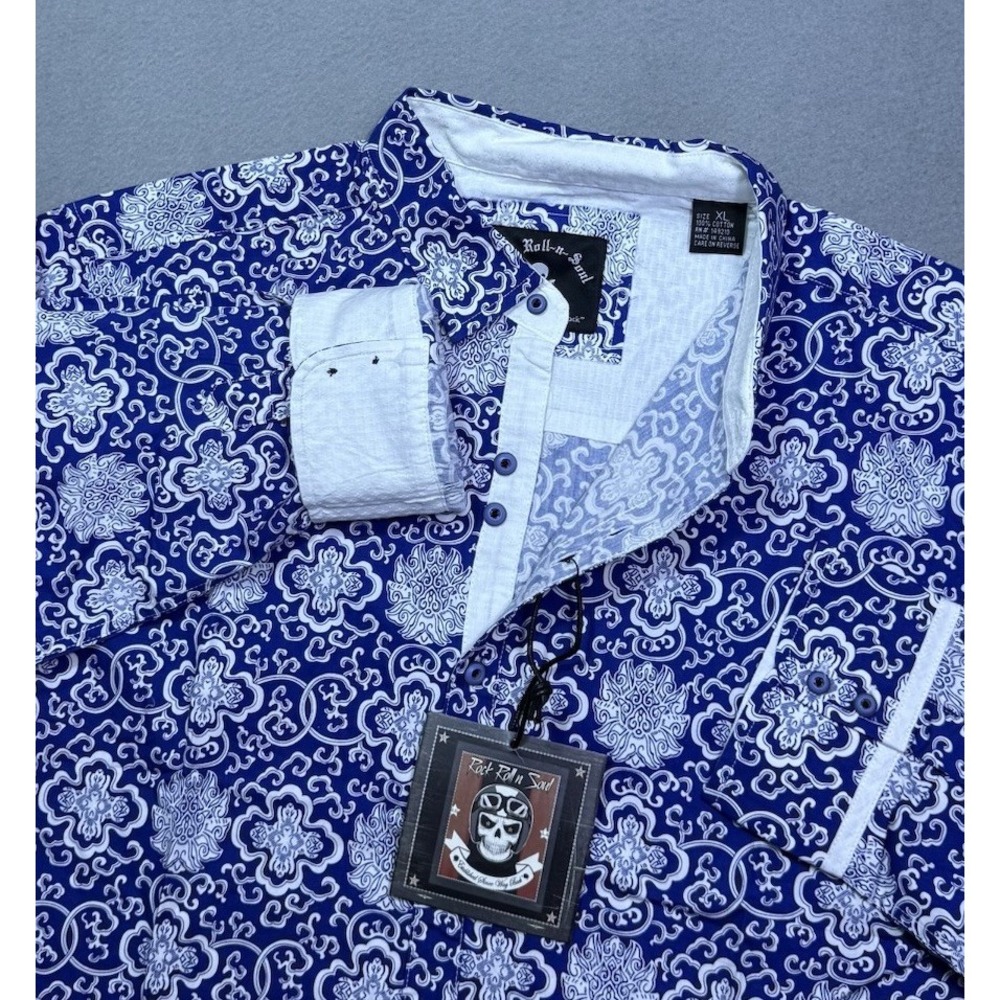 Rock Roll N Soul Shirt Mens XL Blue White Geometric Loud Abstract Western NEW